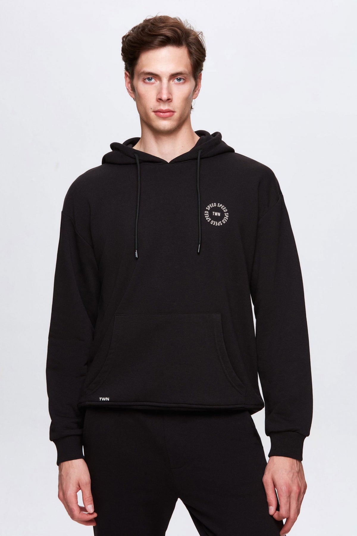 Twn Oversize Printed 3-Thread Hooded Sweatshirt  - Black
