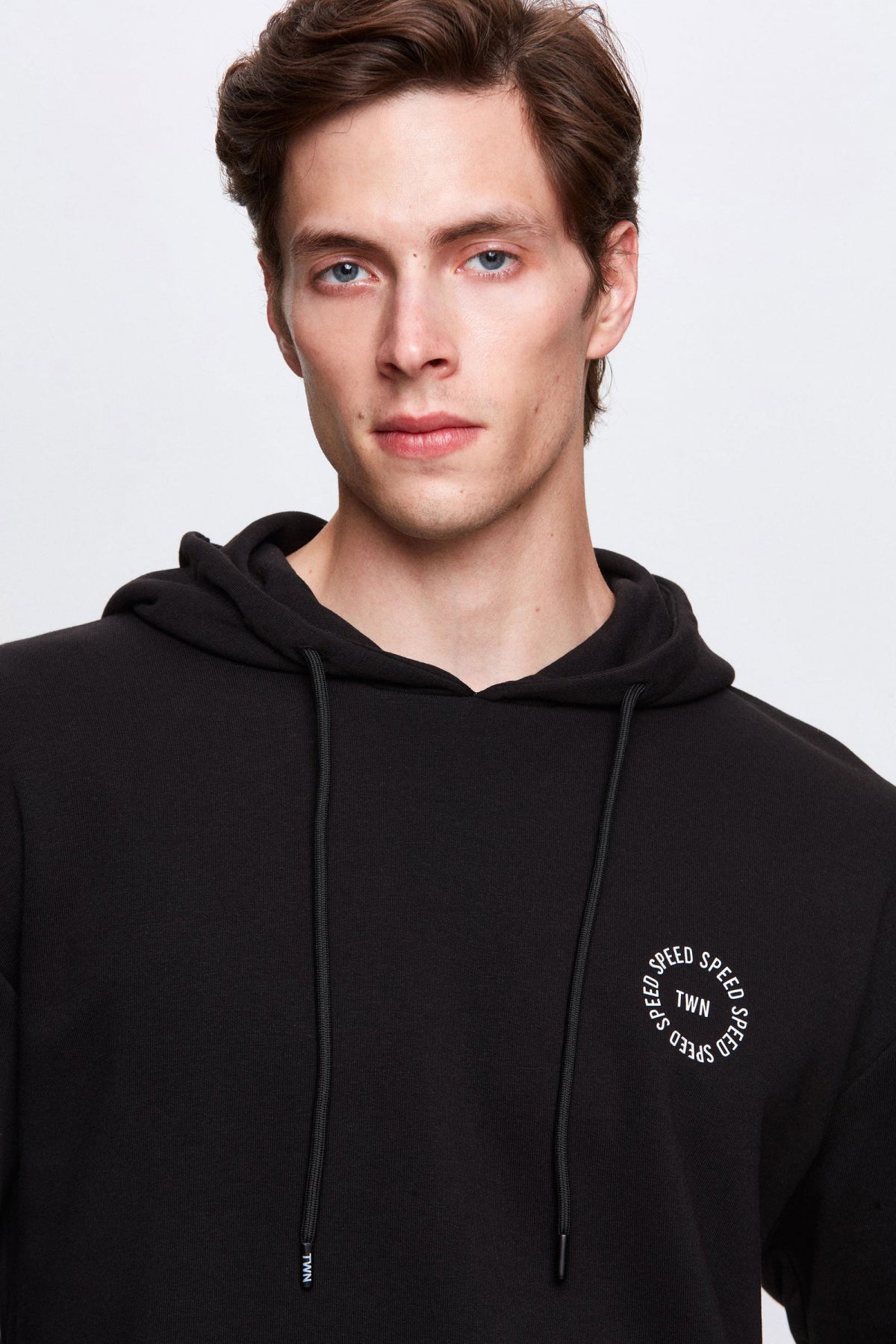 Twn Oversize Printed 3-Thread Hooded Sweatshirt  - Black