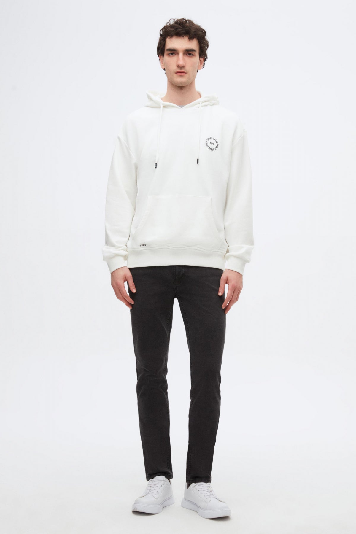 Twn Oversize Printed 3-Thread Hooded Sweatshirt  - Ecru