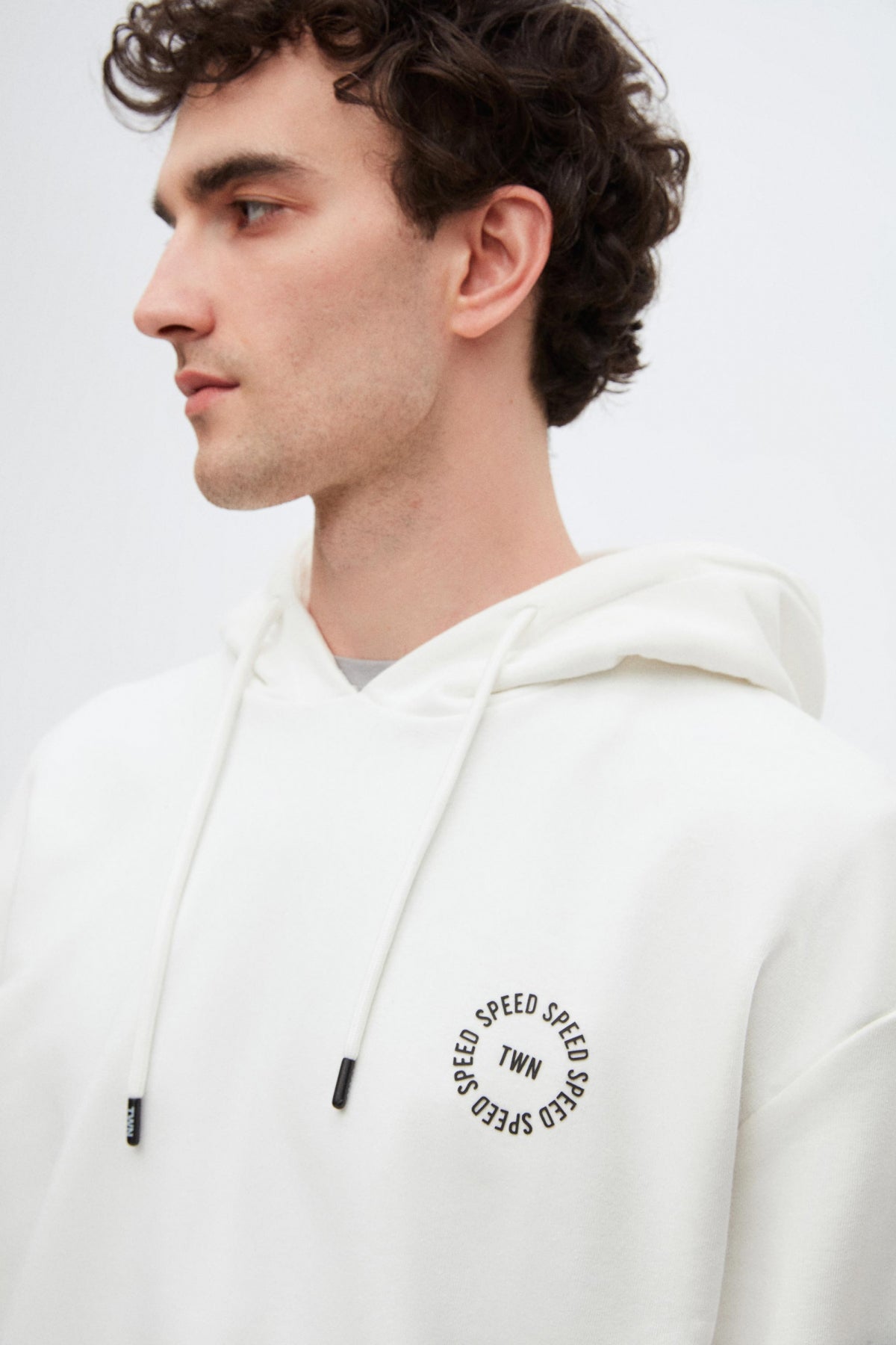 Twn Oversize Printed 3-Thread Hooded Sweatshirt  - Ecru