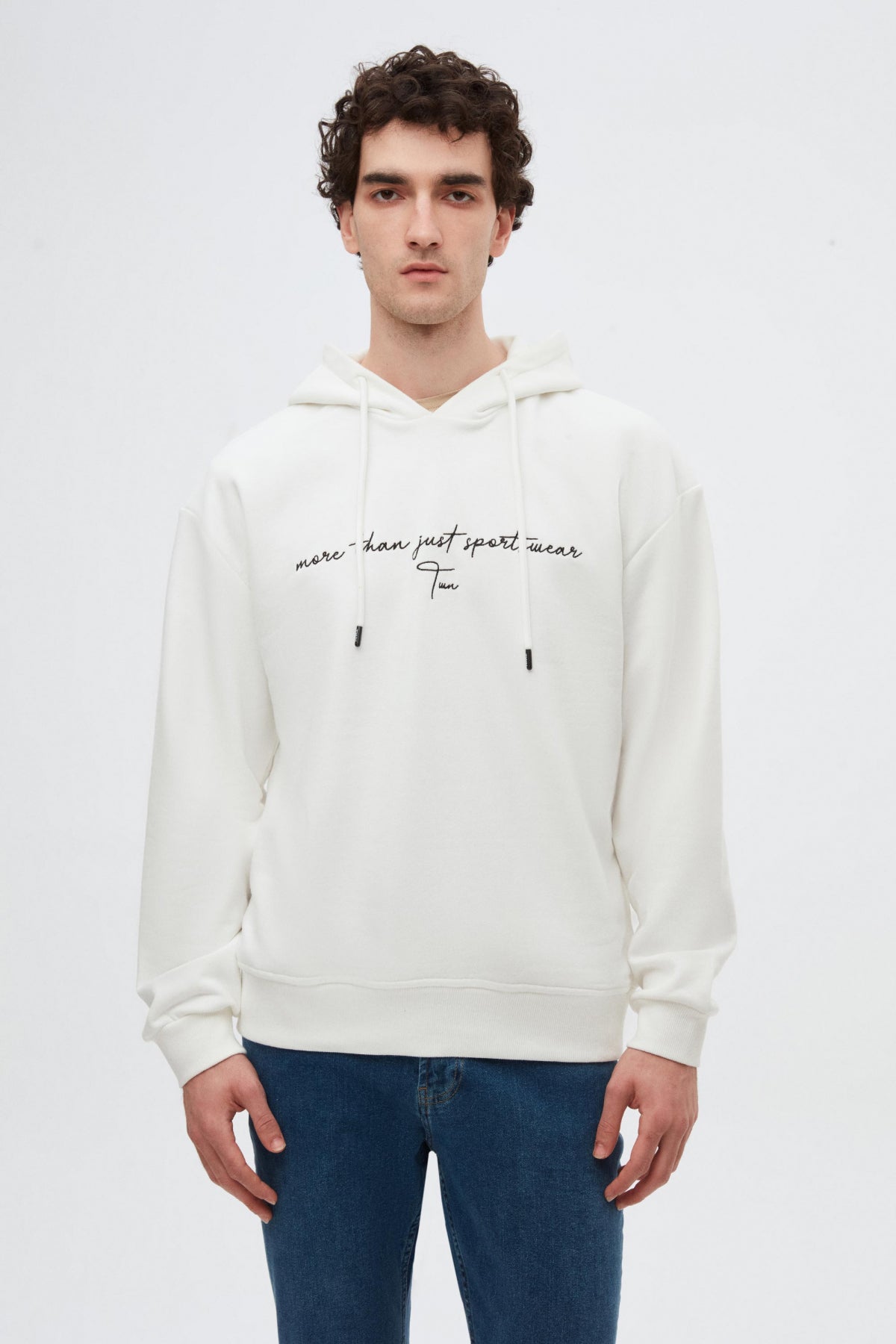 Twn Relaxed Fit Embroidered 3-Thread Hooded Sweatshirt  - Ecru