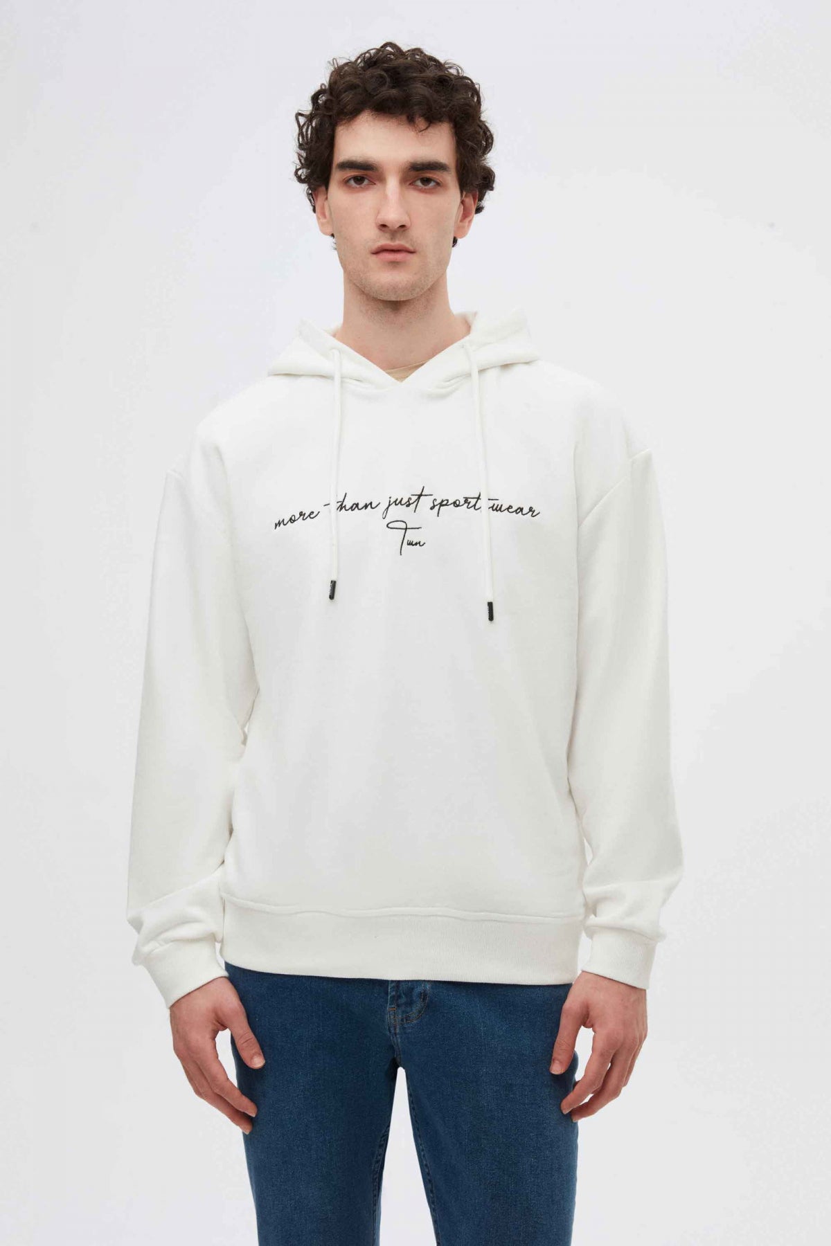 Twn Relaxed Fit Embroidered 3-Thread Hooded Sweatshirt  - Ecru