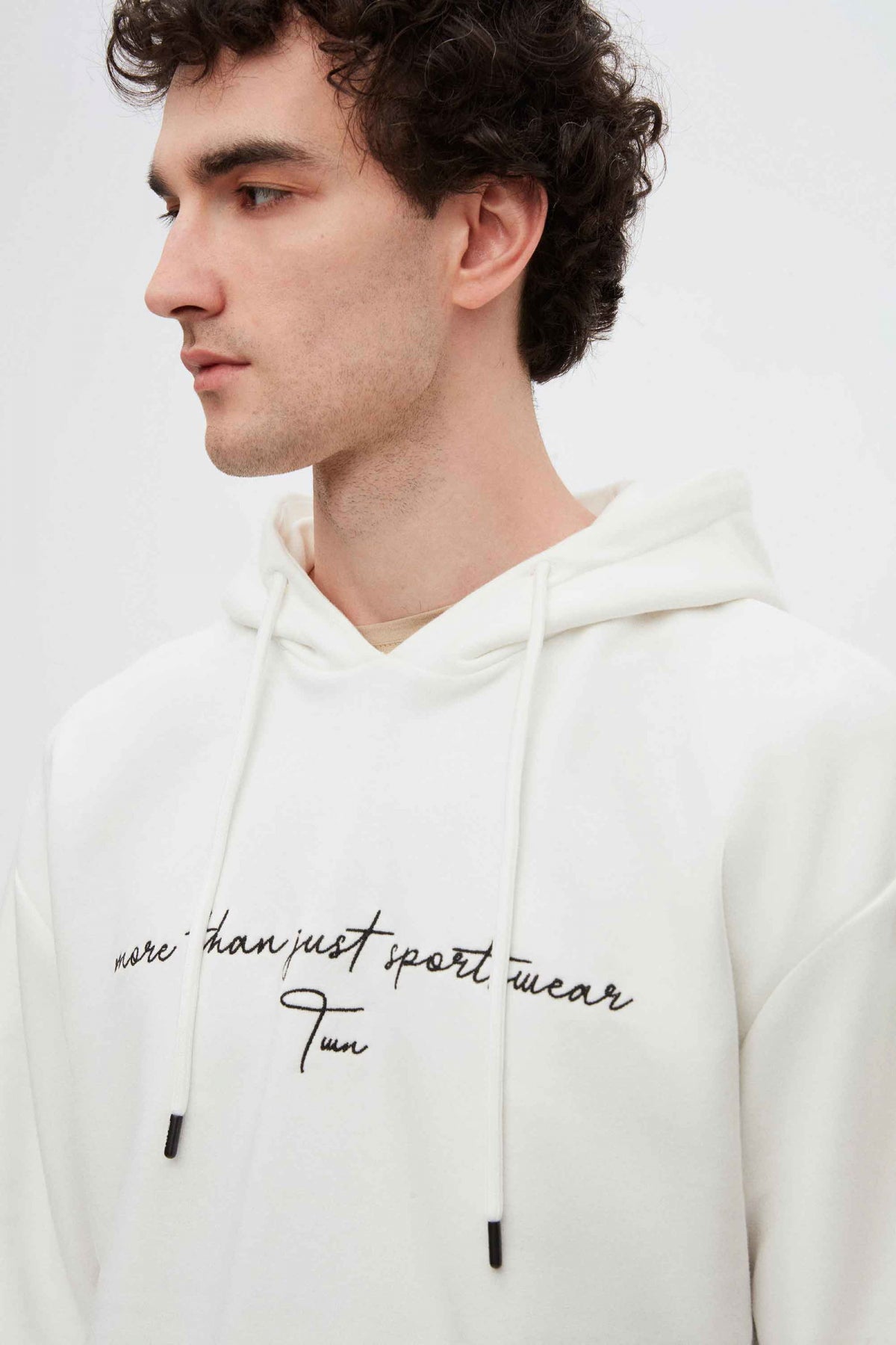 Twn Relaxed Fit Embroidered 3-Thread Hooded Sweatshirt  - Ecru