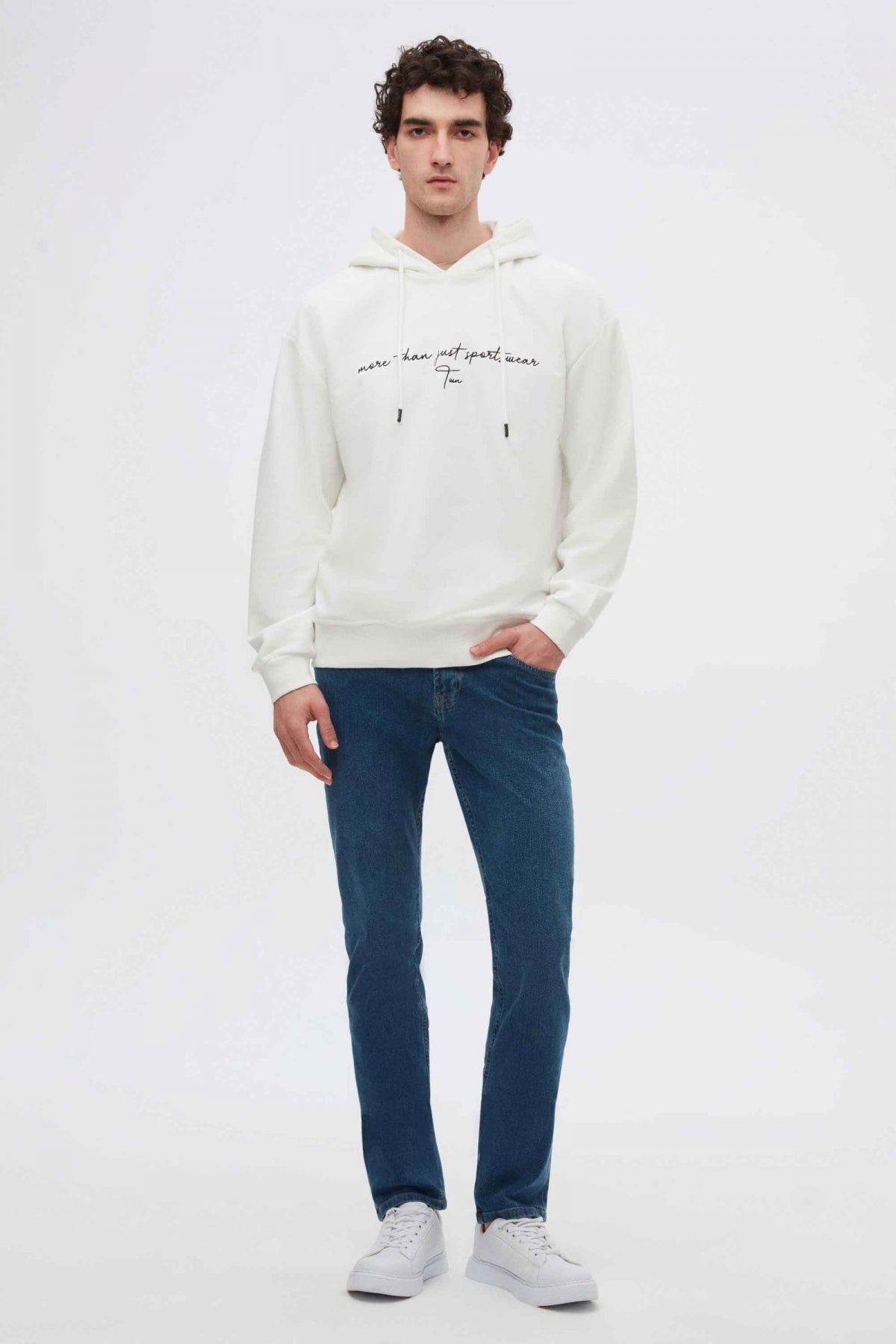 Twn Relaxed Fit Embroidered 3-Thread Hooded Sweatshirt  - Ecru