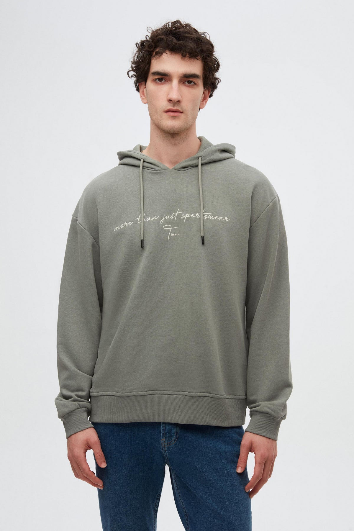 Twn Relaxed Fit Embroidered 3-Thread Hooded Sweatshirt  - Khaki