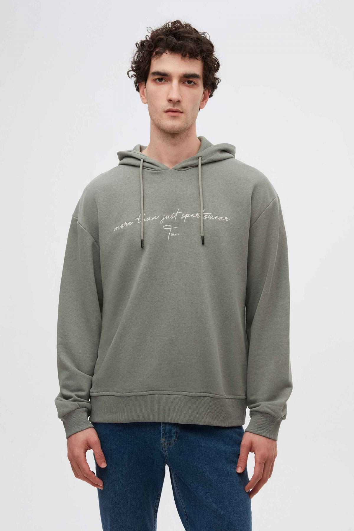 Twn Relaxed Fit Embroidered 3-Thread Hooded Sweatshirt  - Khaki