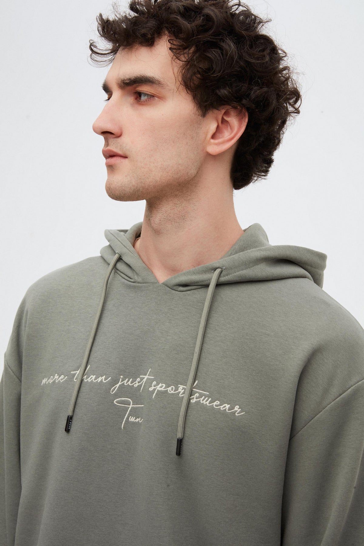Twn Relaxed Fit Embroidered 3-Thread Hooded Sweatshirt  - Khaki