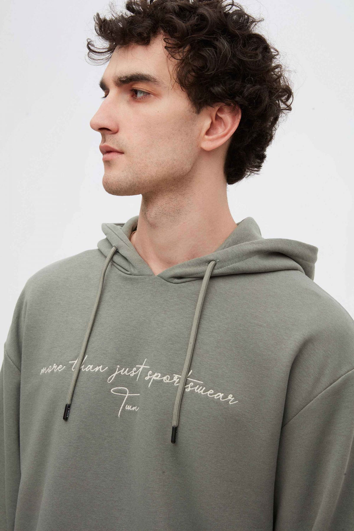 Twn Relaxed Fit Embroidered 3-Thread Hooded Sweatshirt  - Khaki