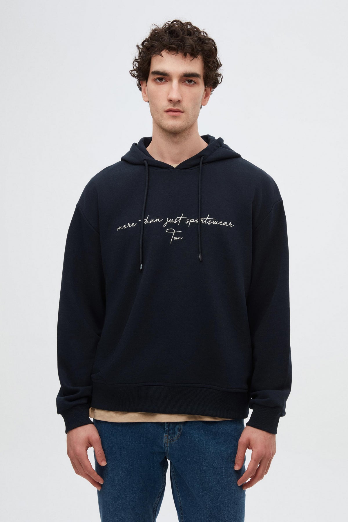Twn Relaxed Fit Embroidered 3-Thread Hooded Sweatshirt  - Navy Blue