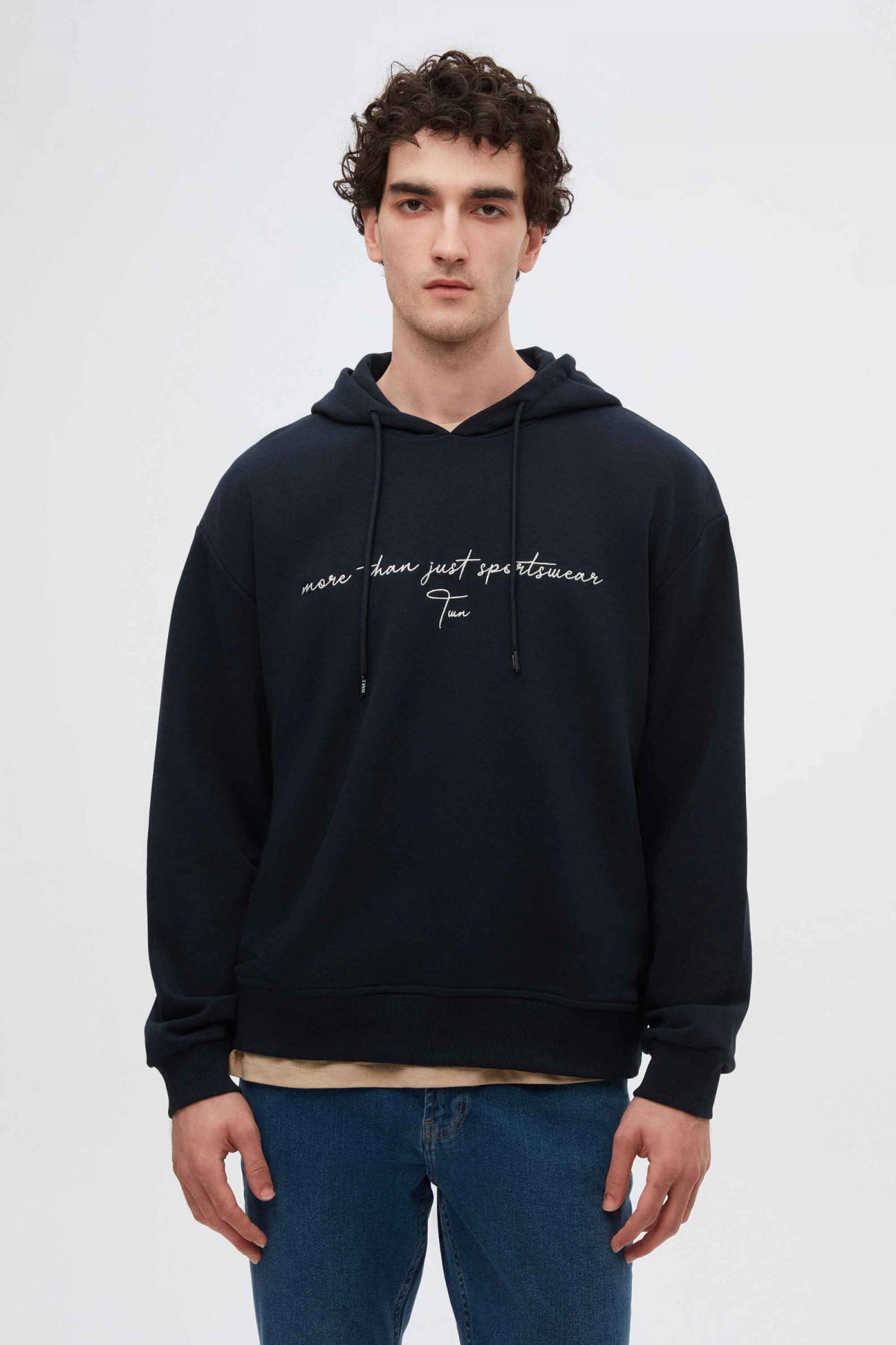 Twn Relaxed Fit Embroidered 3-Thread Hooded Sweatshirt  - Navy Blue