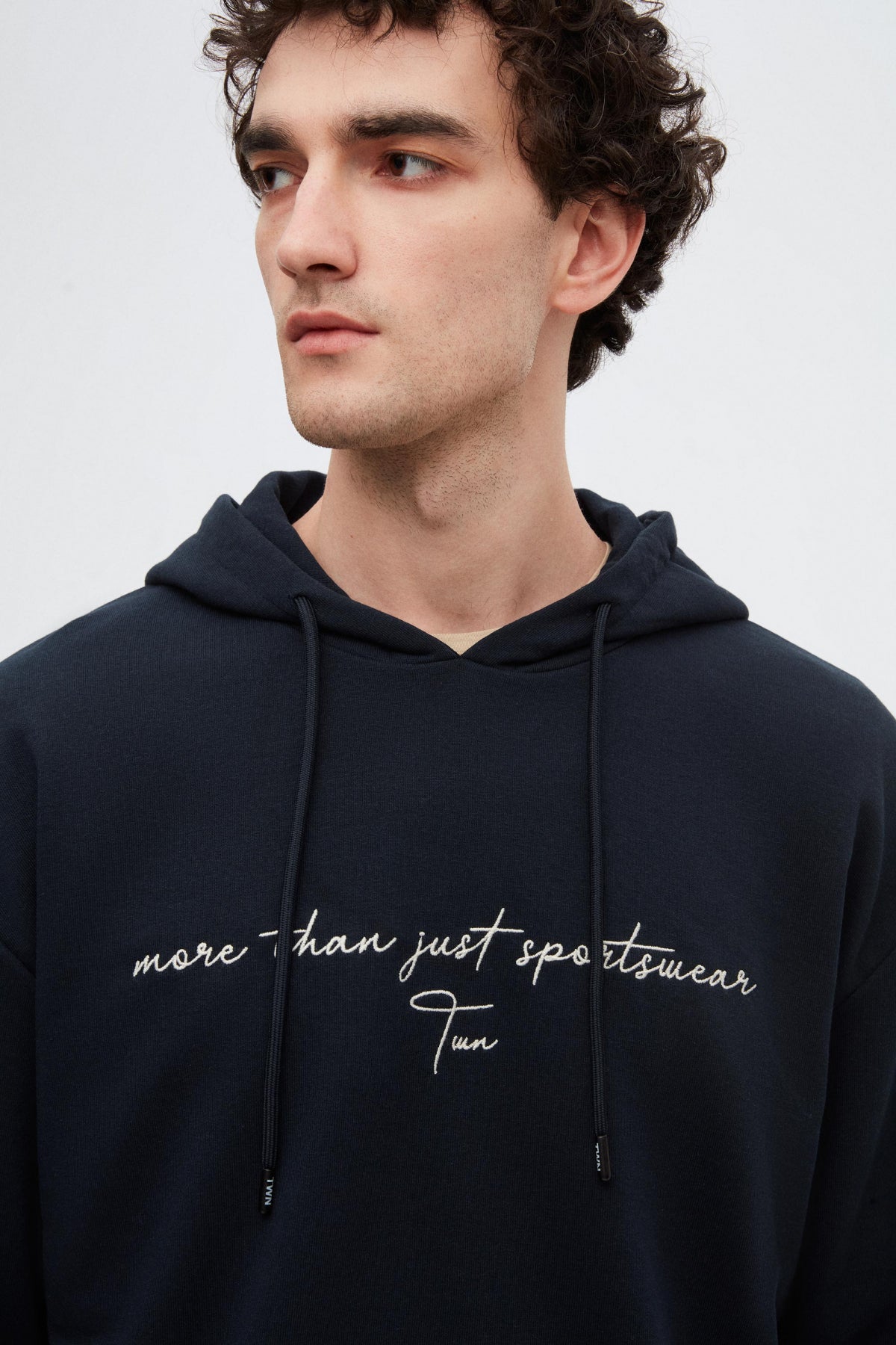 Twn Relaxed Fit Embroidered 3-Thread Hooded Sweatshirt  - Navy Blue