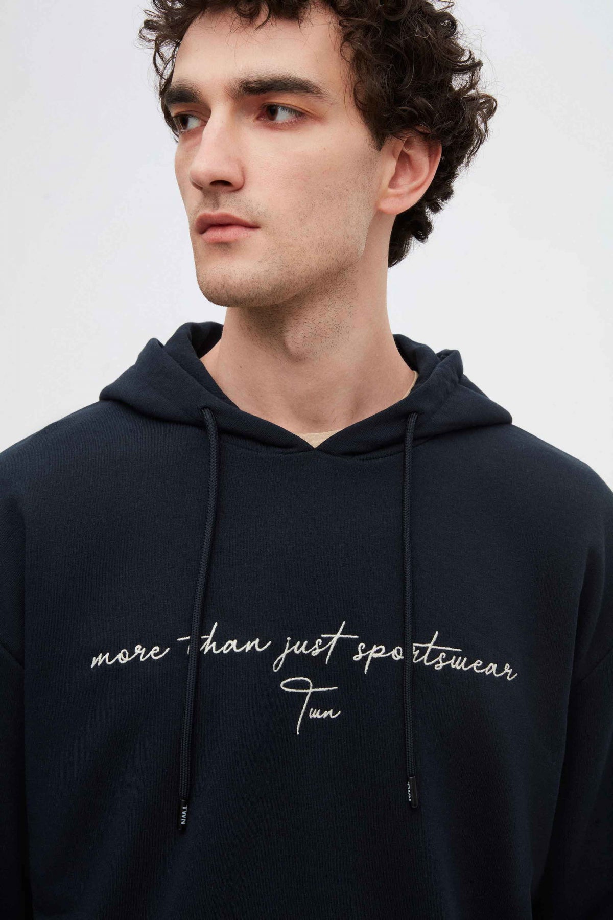 Twn Relaxed Fit Embroidered 3-Thread Hooded Sweatshirt  - Navy Blue