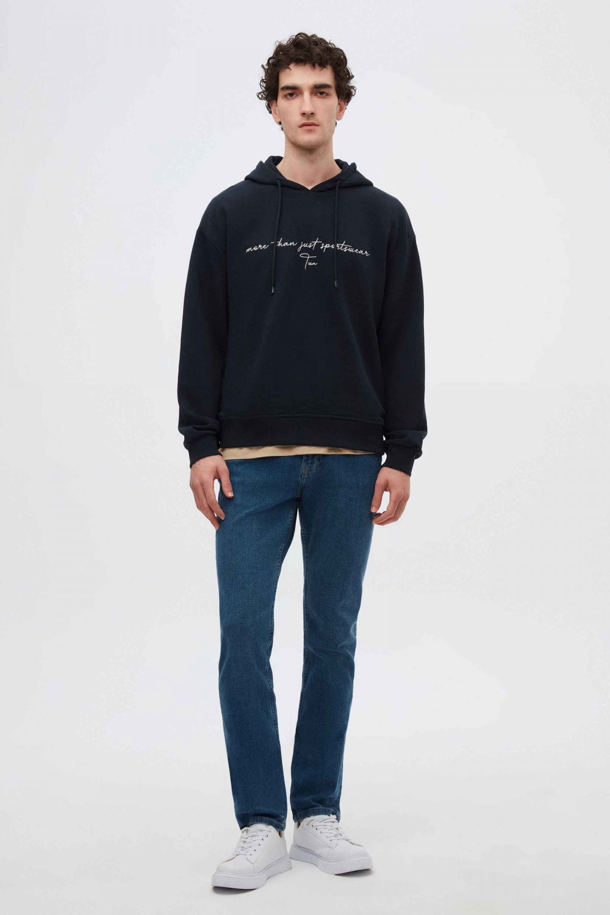 Twn Relaxed Fit Embroidered 3-Thread Hooded Sweatshirt  - Navy Blue