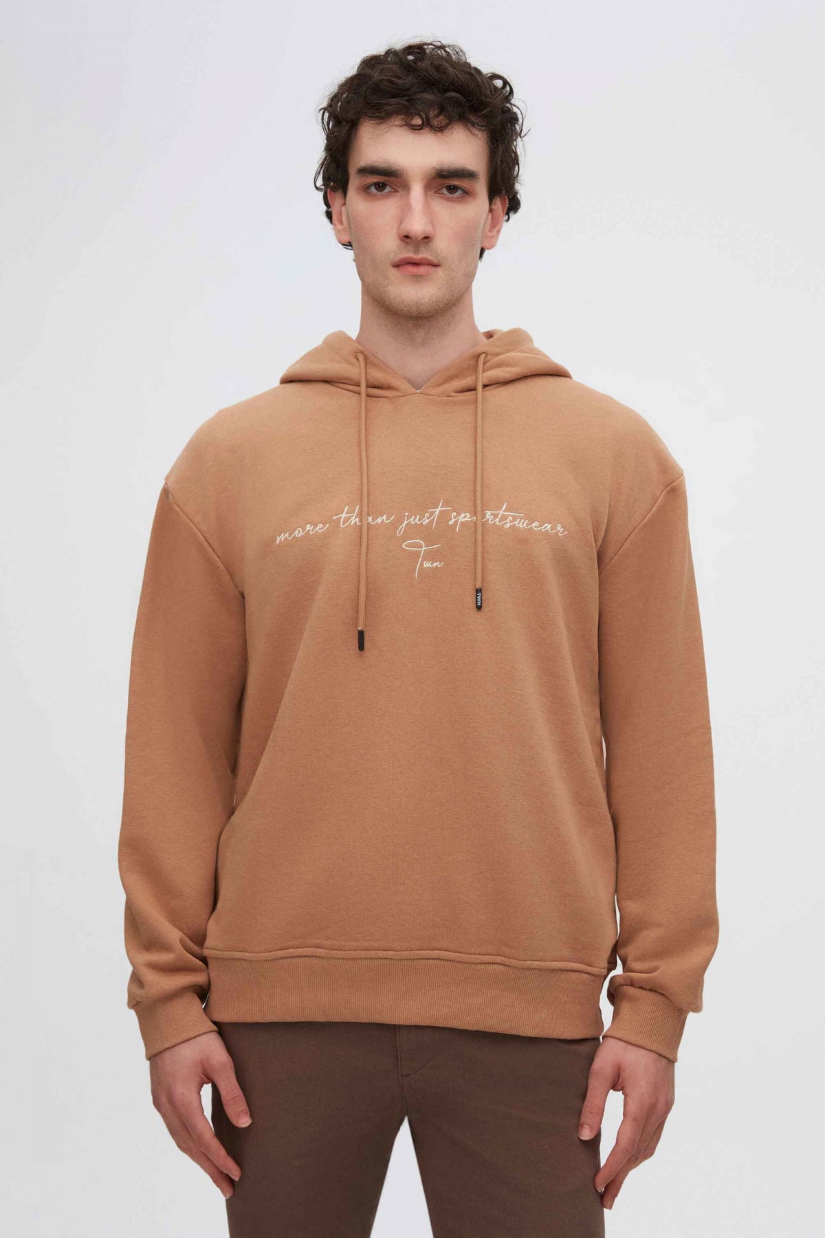 Twn Relaxed Fit Embroidered 3-Thread Hooded Sweatshirt  - Tobacco