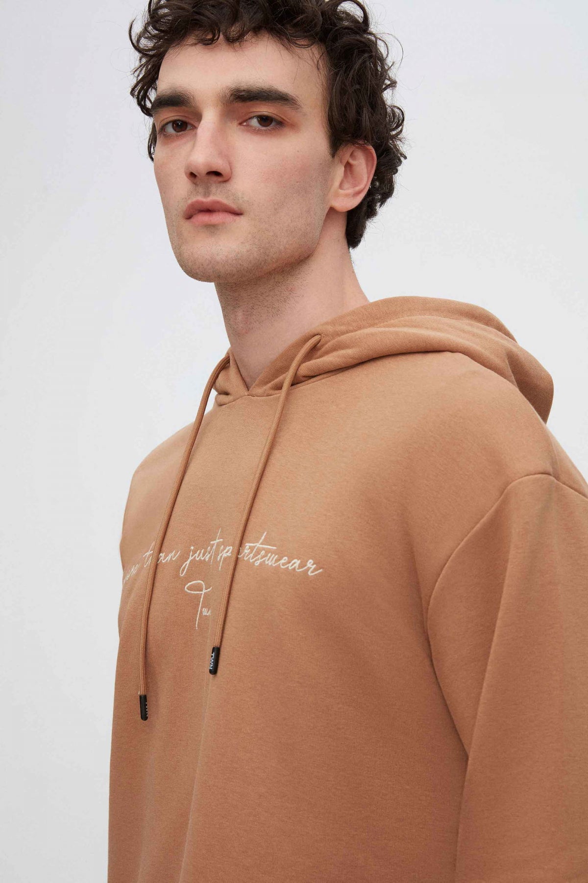 Twn Relaxed Fit Embroidered 3-Thread Hooded Sweatshirt  - Tobacco
