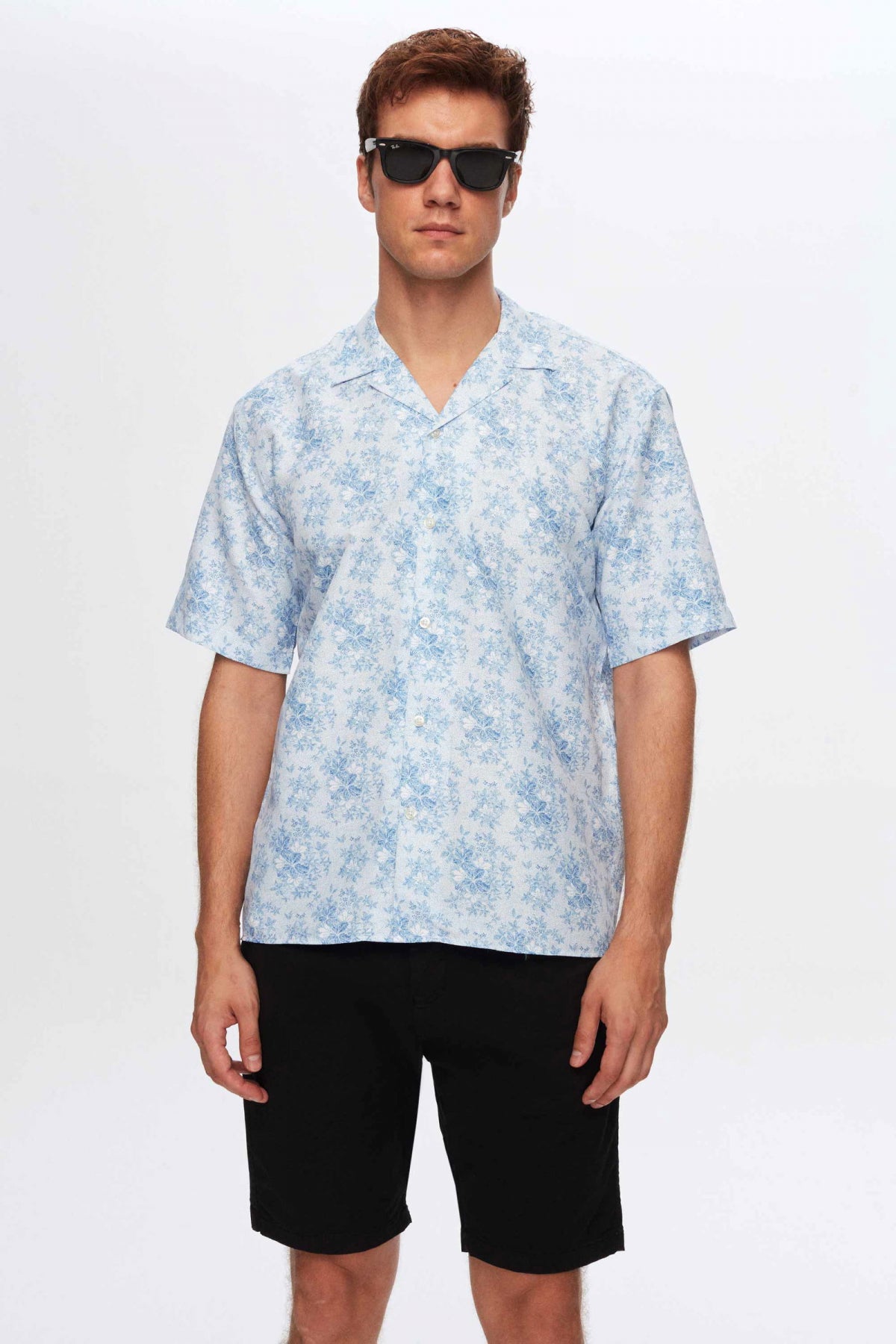 Twn Relaxed Printed Floral Explorer Collar Short Sleeve Summer Shirt  - Blue