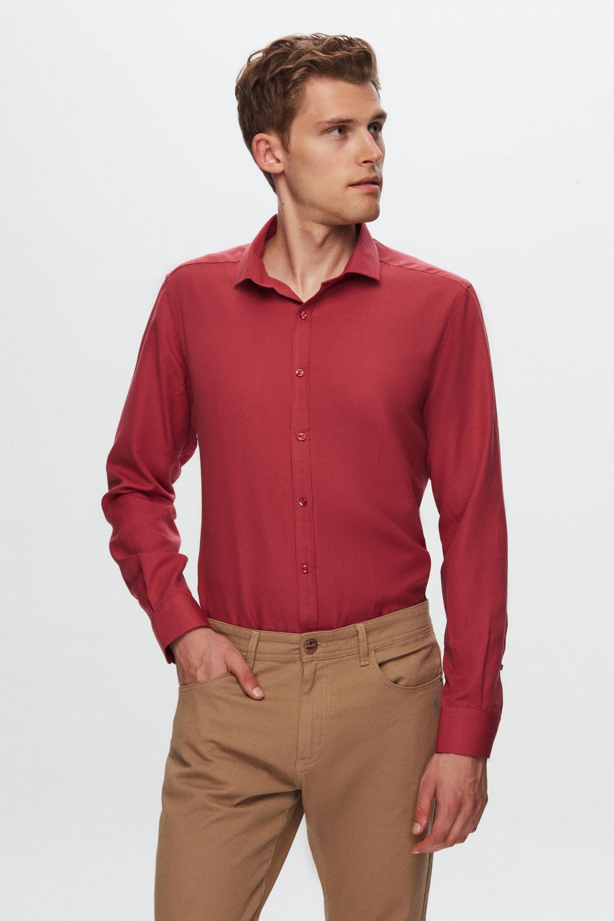 Twn Slim Fit Oxford Shirt  - Burgundy