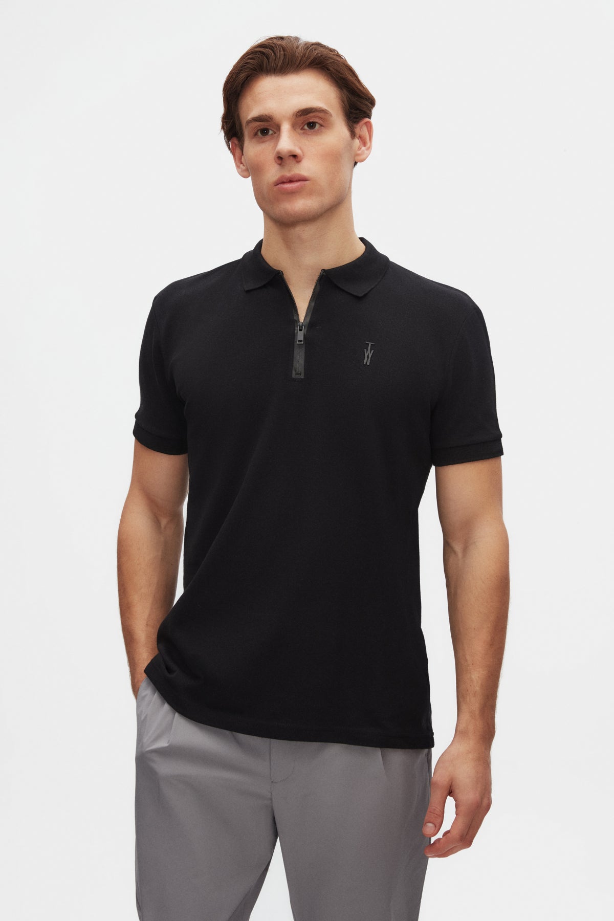 Twn Slim Fit Textured Half-Zip Polo Collar T-Shirt  - Black