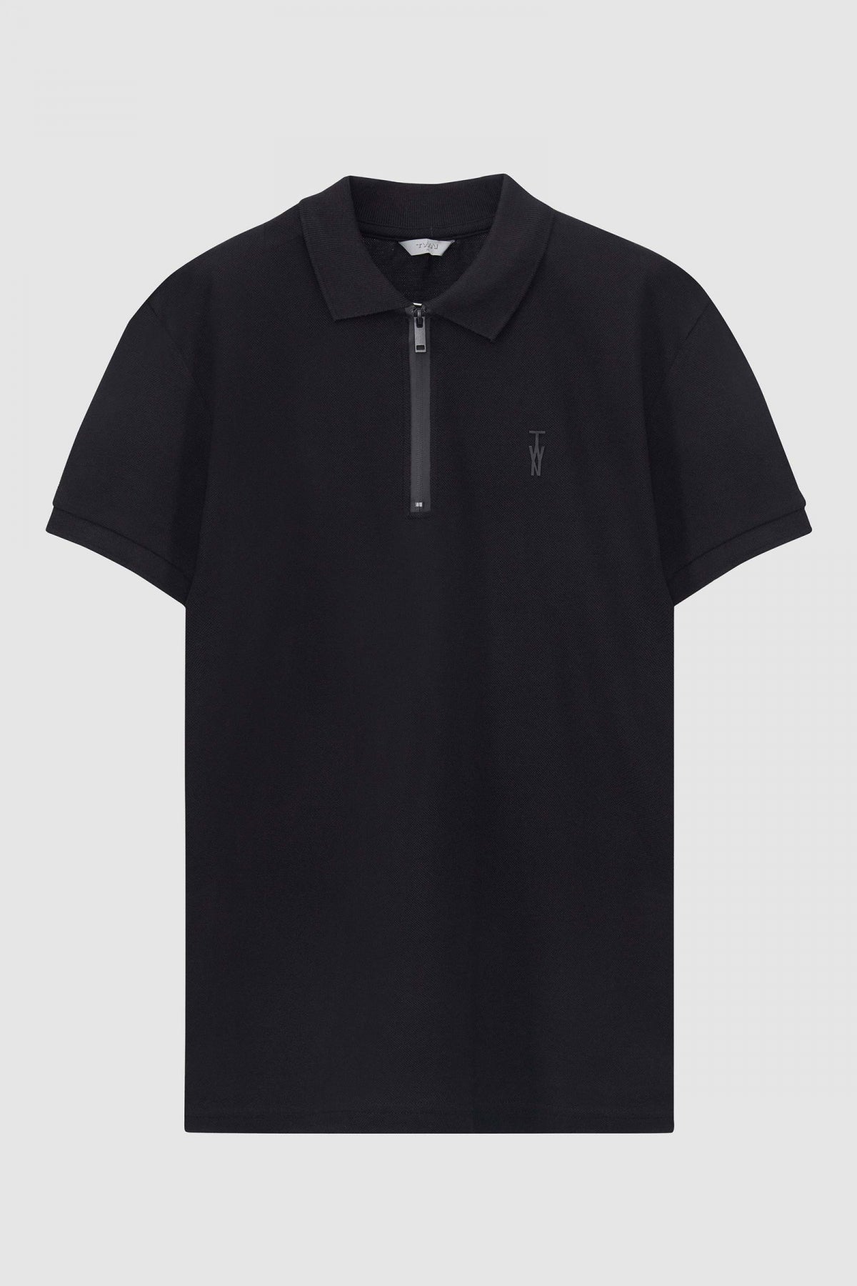 Twn Slim Fit Textured Half-Zip Polo Collar T-Shirt  - Black