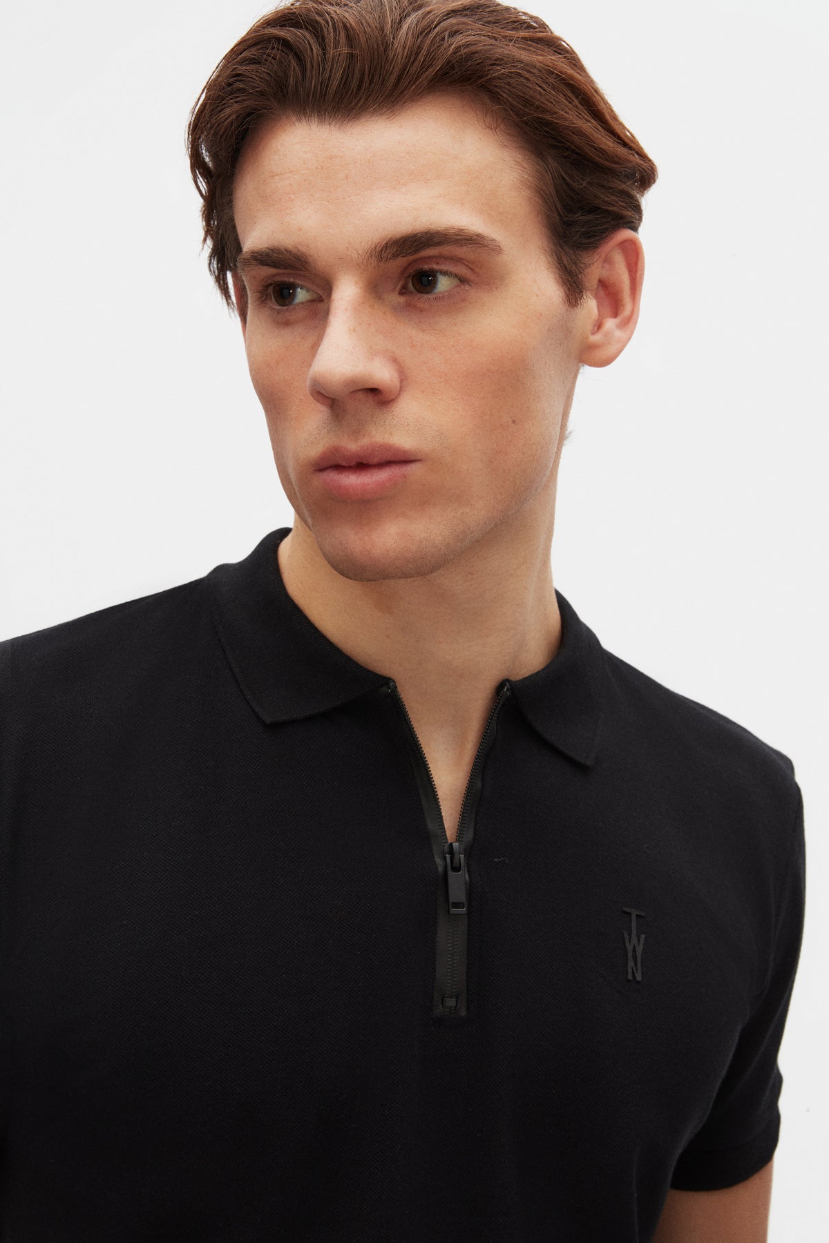 Twn Slim Fit Textured Half-Zip Polo Collar T-Shirt  - Black