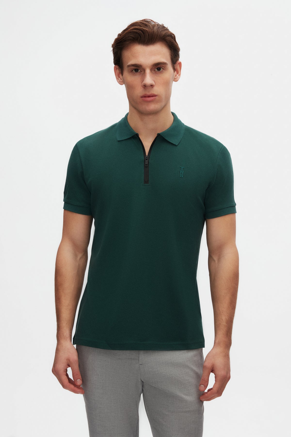 Twn Slim Fit Textured Half-Zip Polo Collar T-Shirt  - Khaki