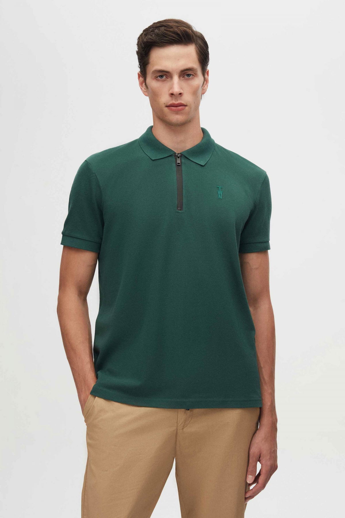 Twn Slim Fit Textured Half-Zip Polo Collar T-Shirt  - Khaki