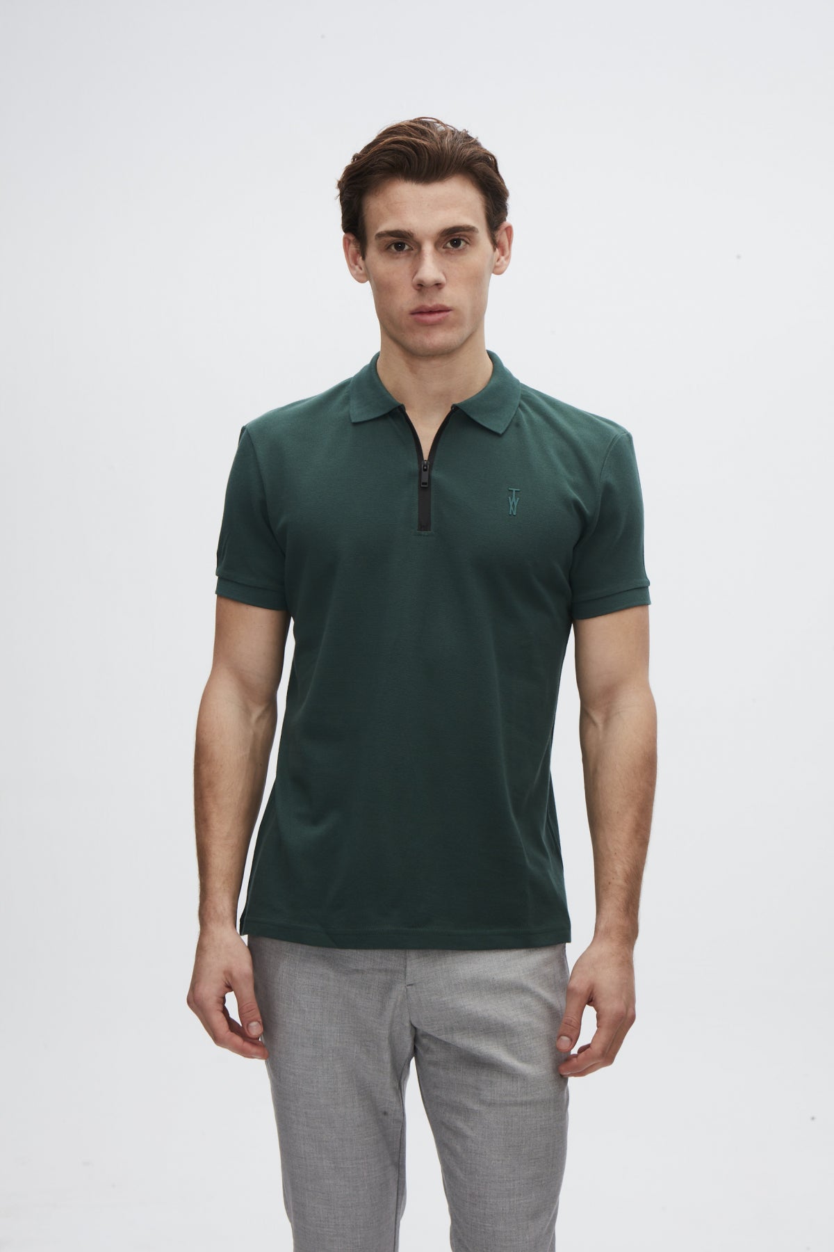 Twn Slim Fit Textured Half-Zip Polo Collar T-Shirt  - Khaki