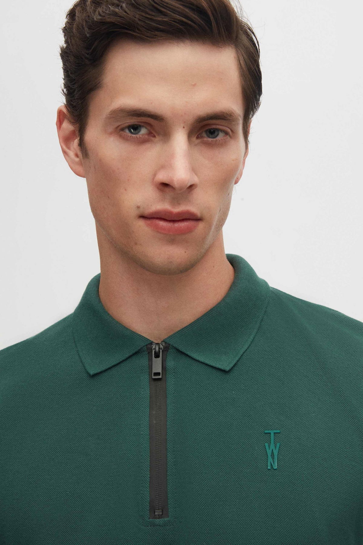 Twn Slim Fit Textured Half-Zip Polo Collar T-Shirt  - Khaki