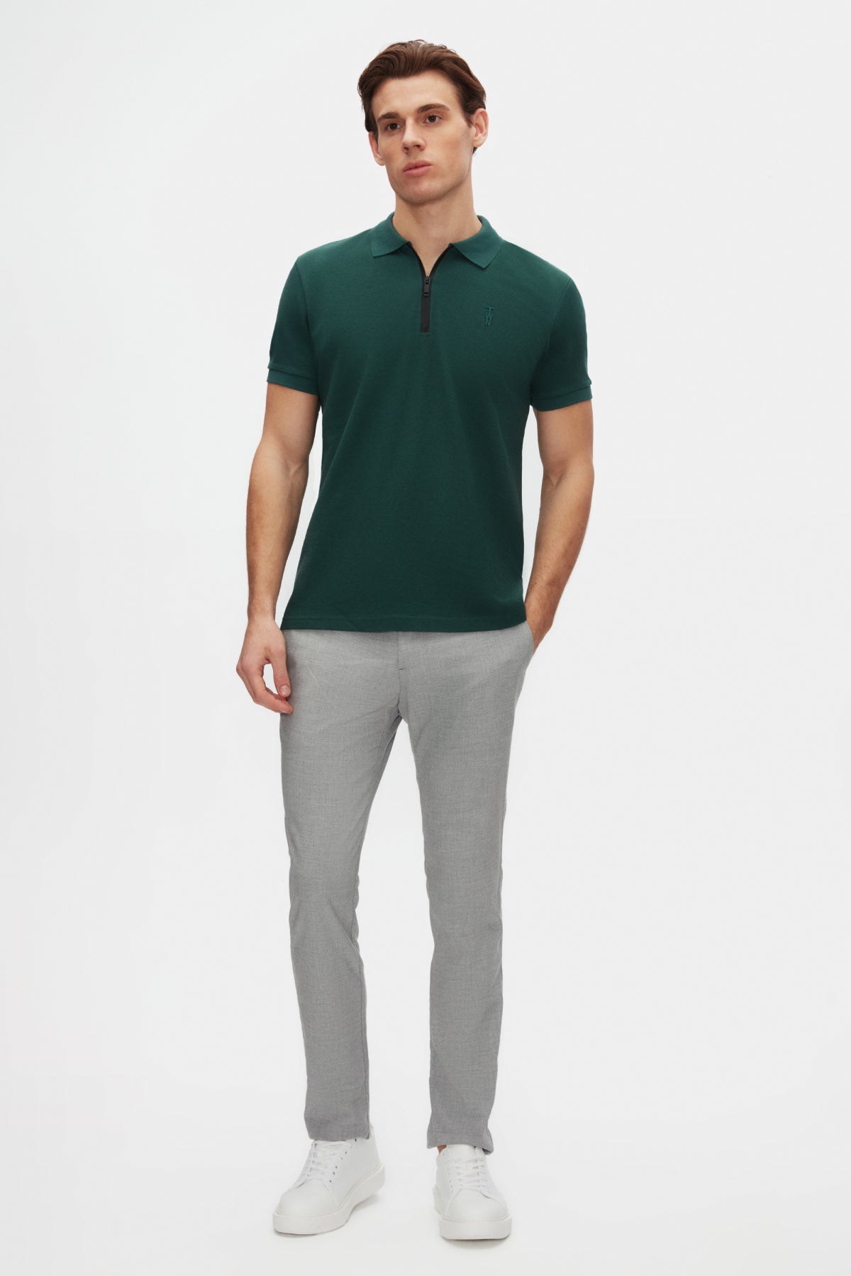 Twn Slim Fit Textured Half-Zip Polo Collar T-Shirt  - Khaki