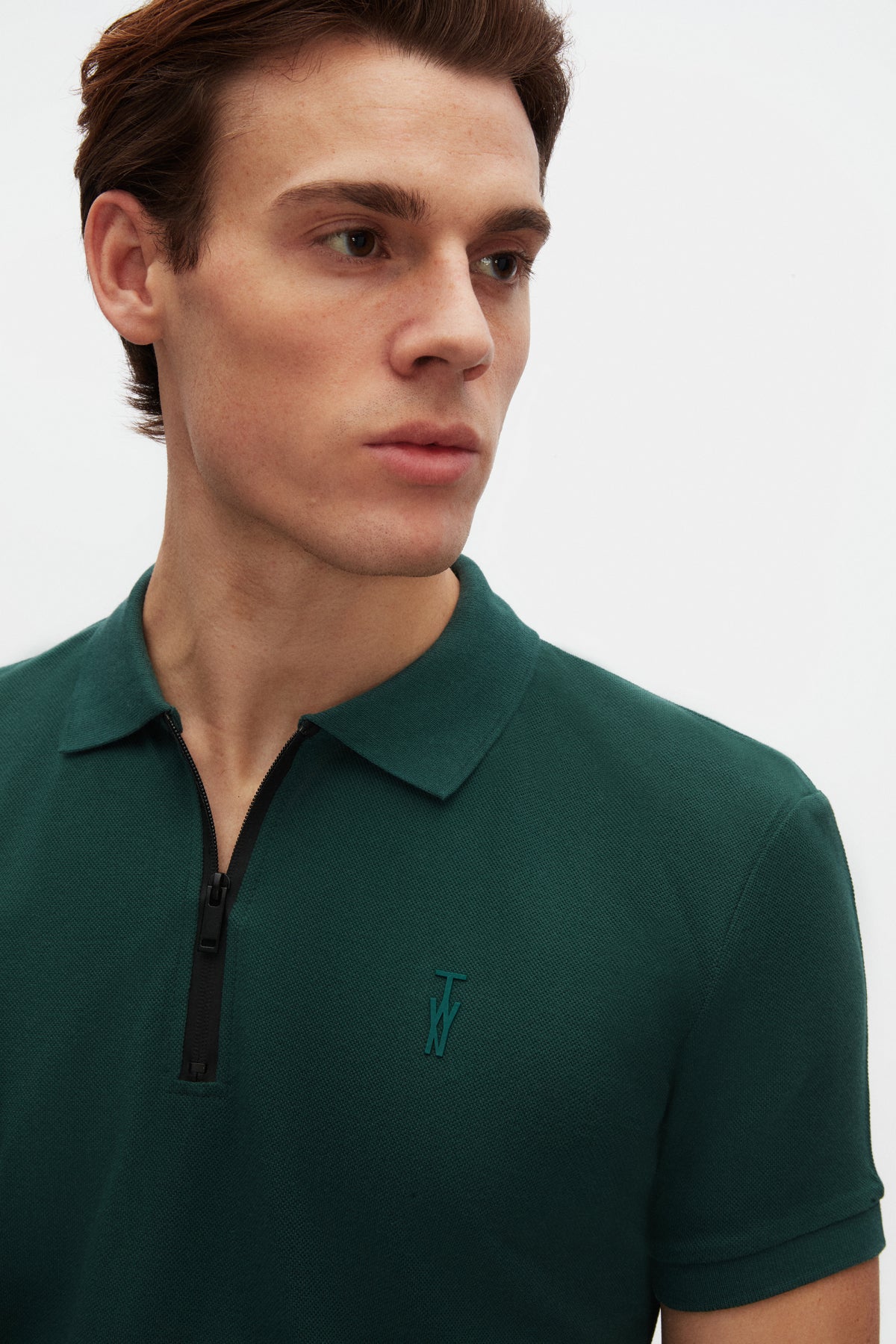 Twn Slim Fit Textured Half-Zip Polo Collar T-Shirt  - Khaki