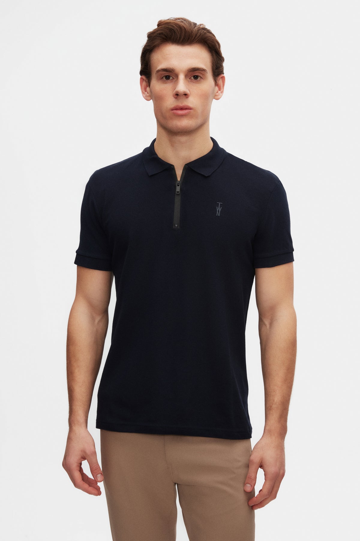 Twn Slim Fit Textured Half-Zip Polo Collar T-Shirt  - Navy Blue