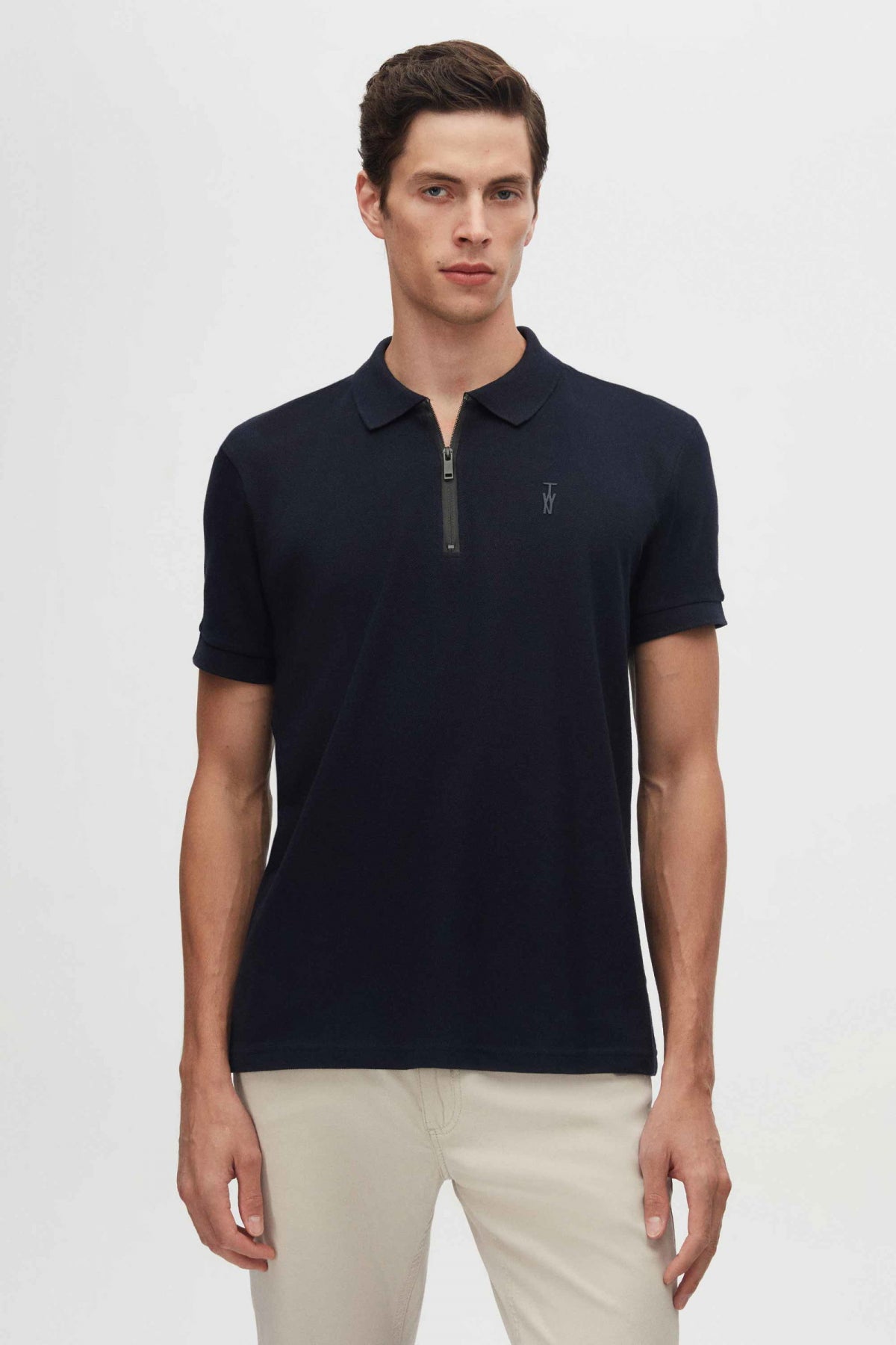 Twn Slim Fit Textured Half-Zip Polo Collar T-Shirt  - Navy Blue