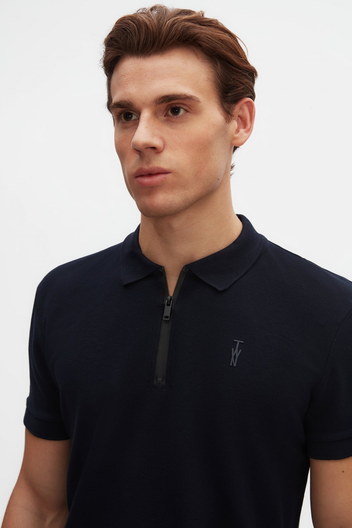Twn Slim Fit Textured Half-Zip Polo Collar T-Shirt  - Navy Blue