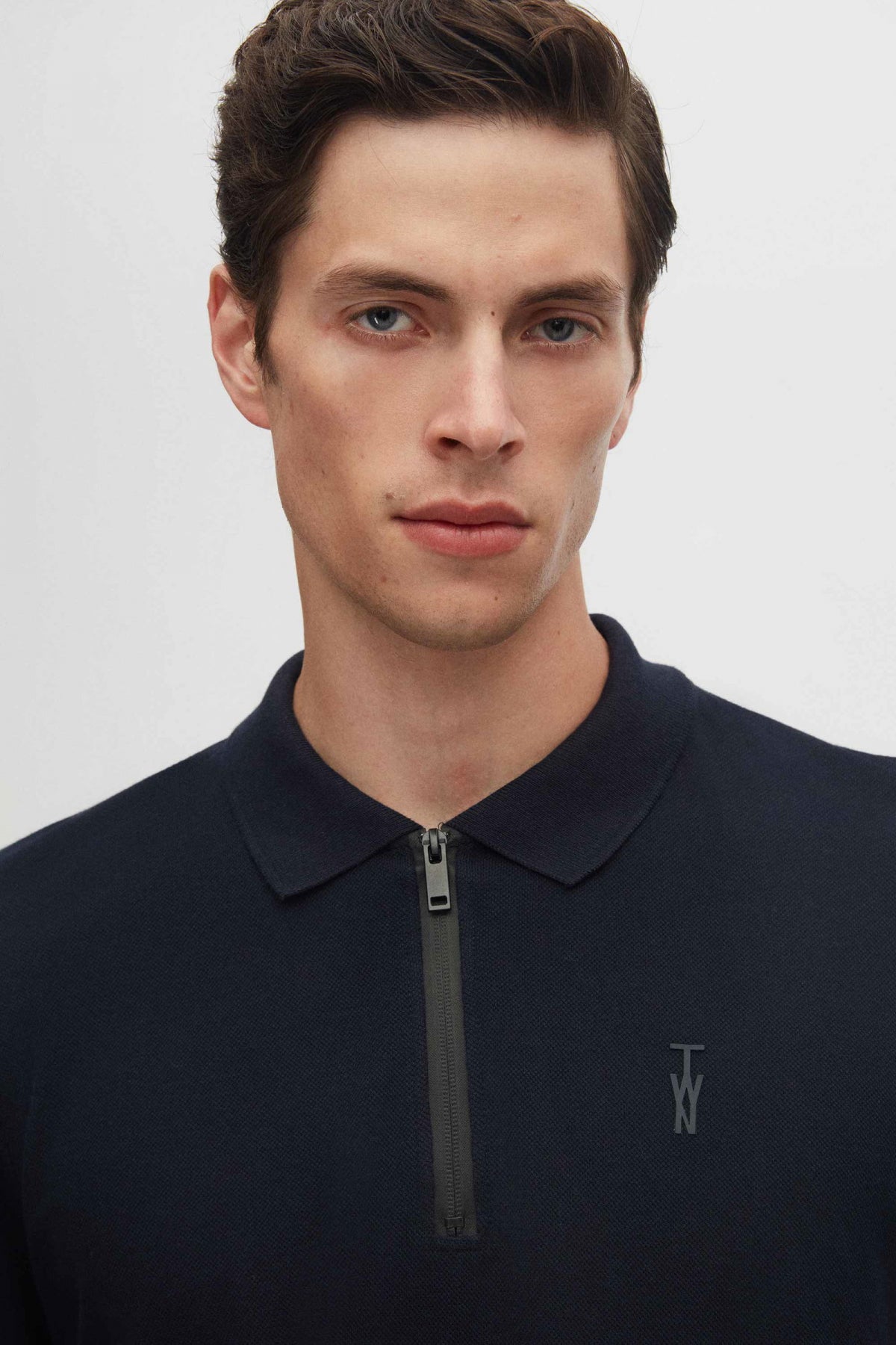 Twn Slim Fit Textured Half-Zip Polo Collar T-Shirt  - Navy Blue