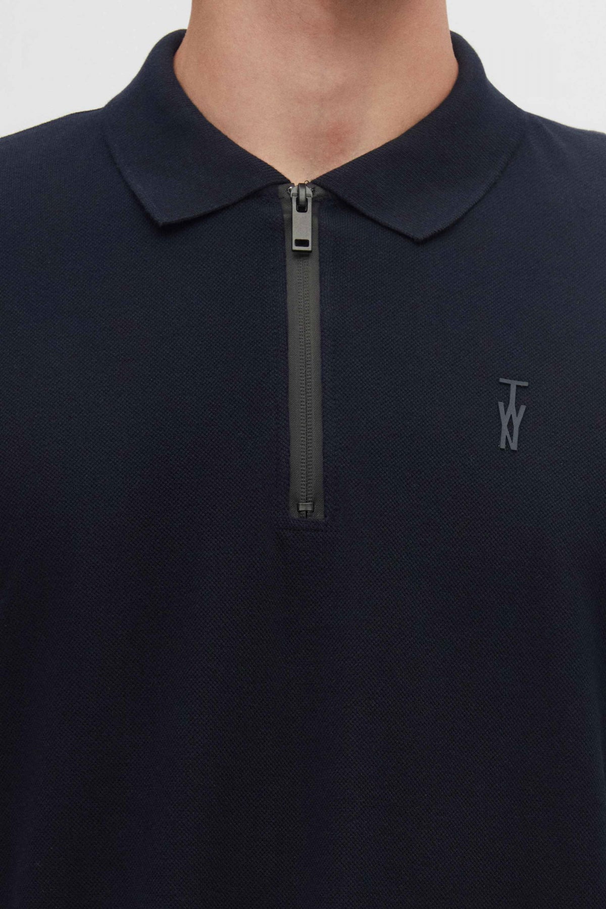 Twn Slim Fit Textured Half-Zip Polo Collar T-Shirt  - Navy Blue
