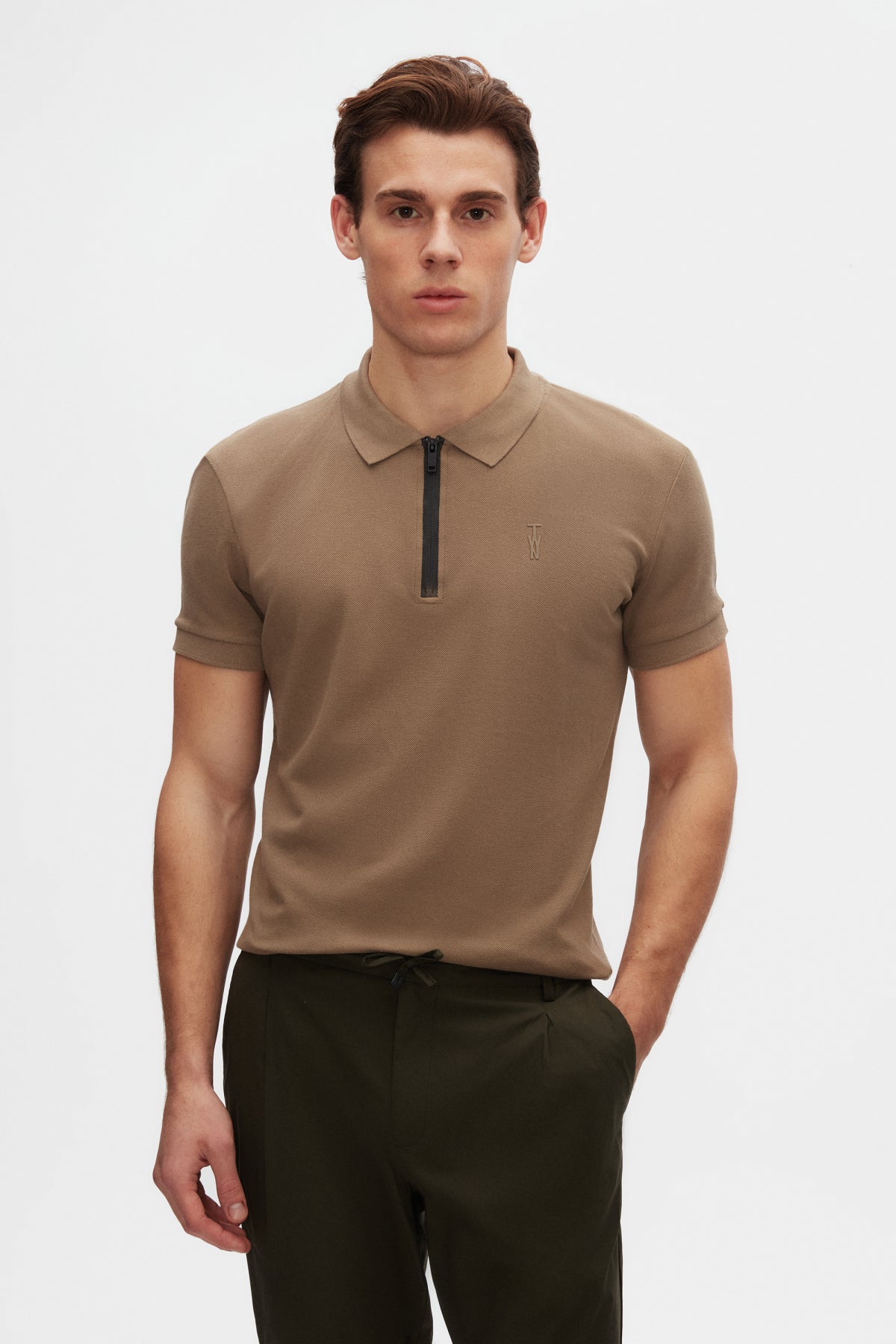 Twn Slim Fit Textured Half-Zip Polo Collar T-Shirt  - Taupe