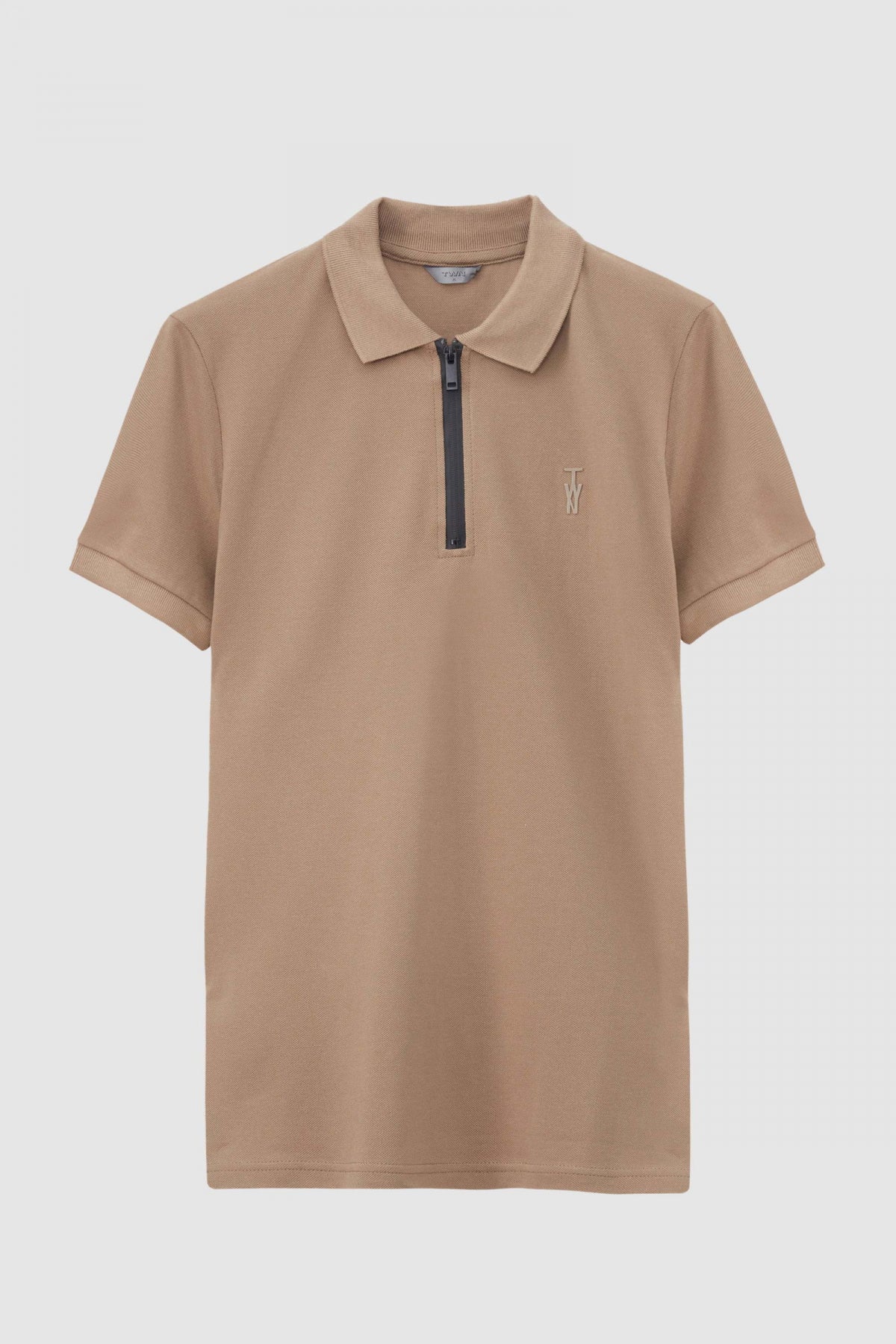 Twn Slim Fit Textured Half-Zip Polo Collar T-Shirt  - Taupe