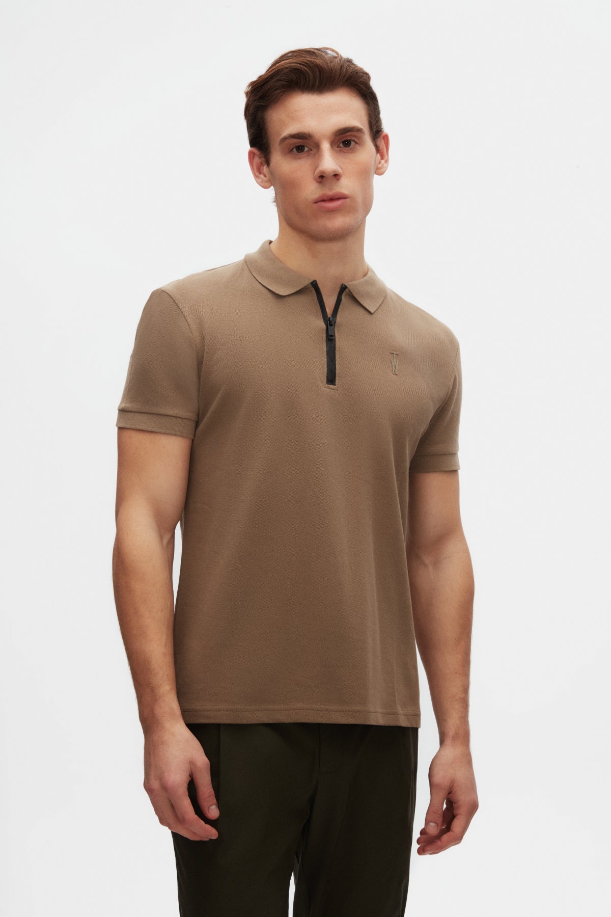 Twn Slim Fit Textured Half-Zip Polo Collar T-Shirt  - Taupe