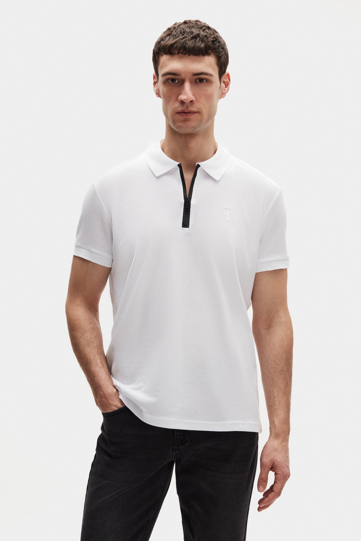 Twn Slim Fit Textured Half-Zip Polo Collar T-Shirt  - White