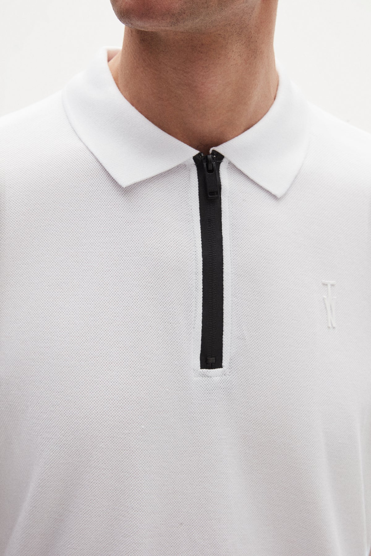 Twn Slim Fit Textured Half-Zip Polo Collar T-Shirt  - White